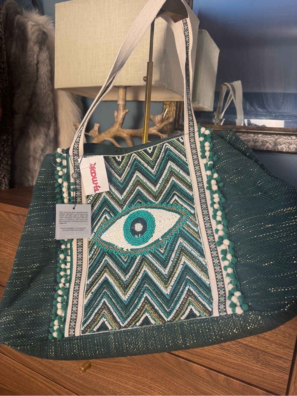 Beaded bag green and Teal Beaded Eye Accent Tote Bag - Women